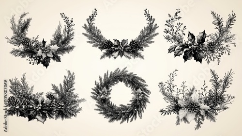 Design black silhouette illustrations of cute Christmas Wreath in various activities ,with bold lines and simple design, placed on a white background 