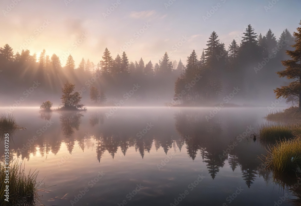 Enchanting fog blanketing a tranquil lake at sunrise, tranquil, lake Enchanting fog blanketing a tranquil lake at sunrise, tranquil, lake