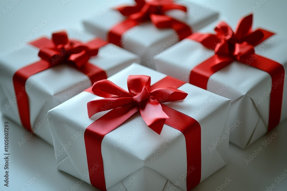 Obraz premium Close-up of many Christmas wrapped gifts with red ribbons on a white table, colorful gift boxes in high resolution.