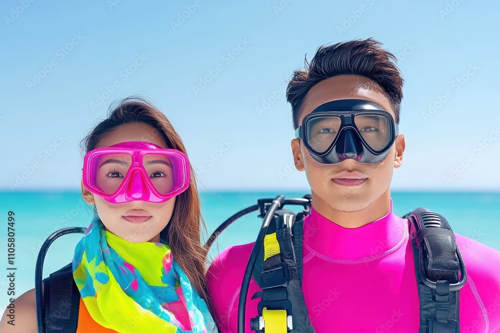 Couple in vibrant gear ready for diving adventure Couple in vibrant gear ready for diving adventure