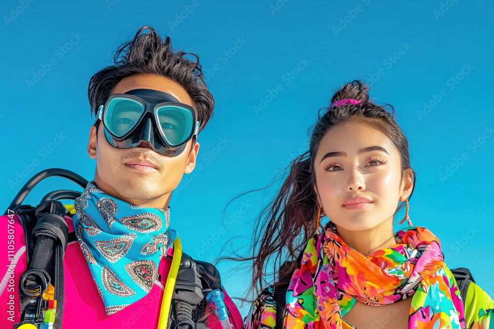 Divers enjoying a sunny day with colorful scarves. Divers enjoying a sunny day with colorful scarves.