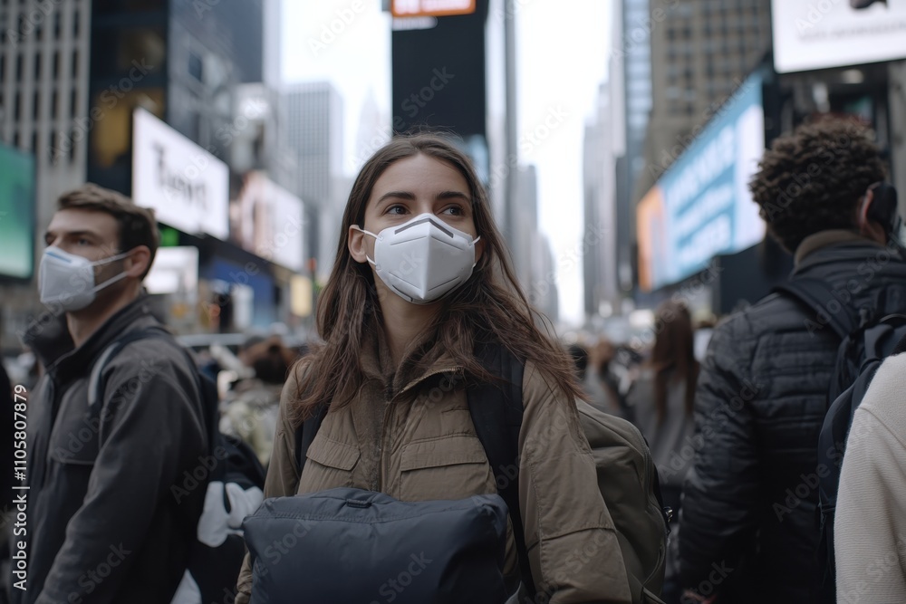 A woman wearing a mask stands out amidst a bustling cityscape, symbolizing resilience and the new normal in urban life during challenging times. A woman wearing a mask stands out amidst a bustling cityscape, symbolizing resilience and the new normal in urban life during challenging times.