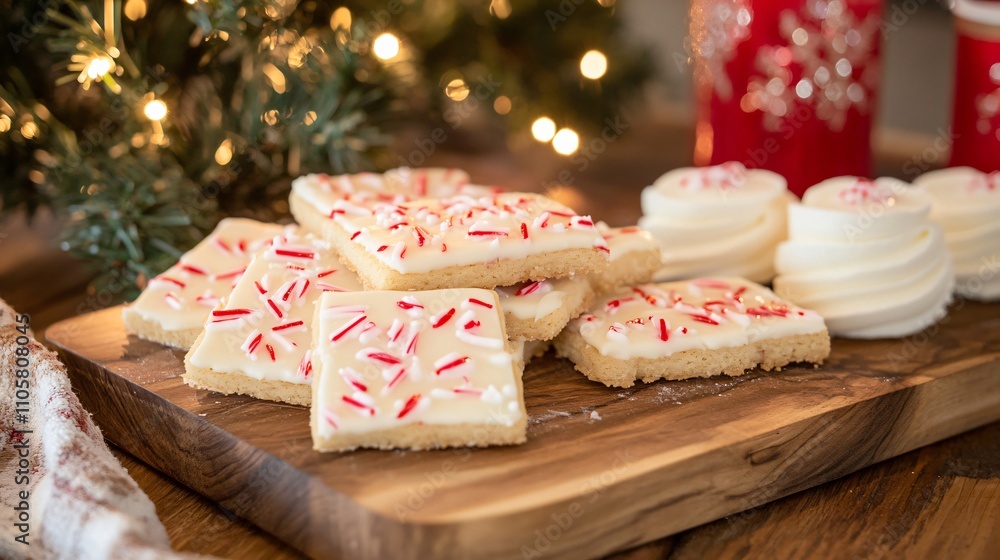 Festive holiday setup with peppermint bark candy and frosted sugar cookies on a rustic cutting board Festive holiday setup with peppermint bark candy and frosted sugar cookies on a rustic cutting board