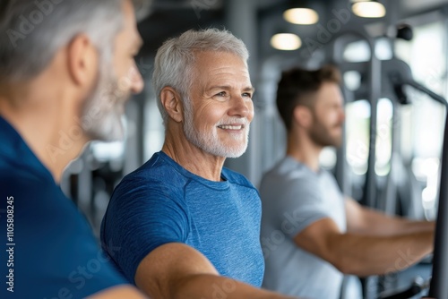 A happy older man engages in a fitness routine at the gym, showcasing a positive mindset and the importance of staying active and healthy while enjoying workout sessions.