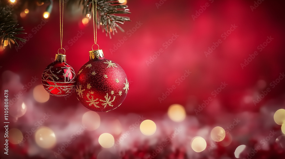 Festive Red Christmas Background with Hanging Ornaments and Snowflakes, Bokeh Lights, Copy Space. Perfect for Holiday Greetings, Winter Wonderland Themes, and Seasonal Designs. Festive Red Christmas Background with Hanging Ornaments and Snowflakes, Bokeh Lights, Copy Space. Perfect for Holiday Greetings, Winter Wonderland Themes, and Seasonal Designs.