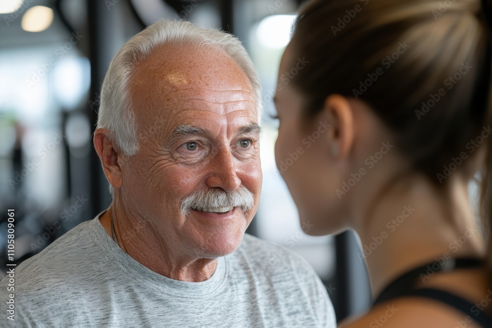 An elderly man smiles broadly while interacting with a fitness trainer during a workout session, embodying a strong sense of companionship and positivity in the gym. An elderly man smiles broadly while interacting with a fitness trainer during a workout session, embodying a strong sense of companionship and positivity in the gym.