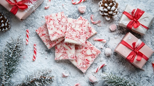 Flat lay of peppermint bark candy shards on a snowy background, surrounded by decorative gift boxes