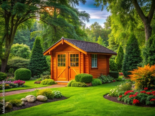 Orange Wooden Hut in Lush Garden Surrounded by Tall Trees - Tranquil Garden Shed Scene with Lush Lawn, Vibrant Nature, Outdoor Retreat, and Serene Backyard Vibes