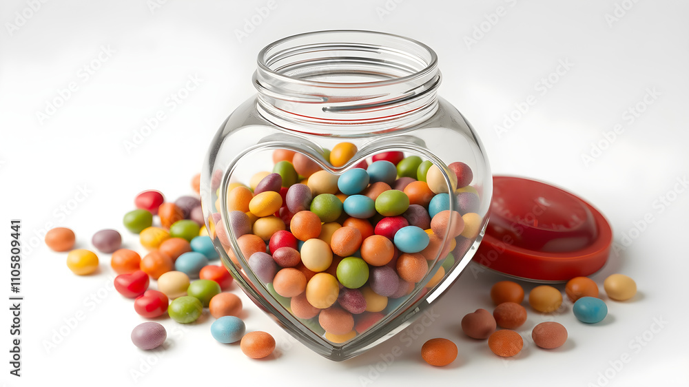 A heart-shaped jar filled with small colorful candies, isolated on white A heart-shaped jar filled with small colorful candies, isolated on white