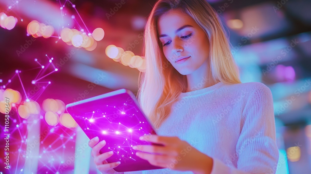 Woman engrossed in tablet with dynamic digital effects Woman engrossed in tablet with dynamic digital effects