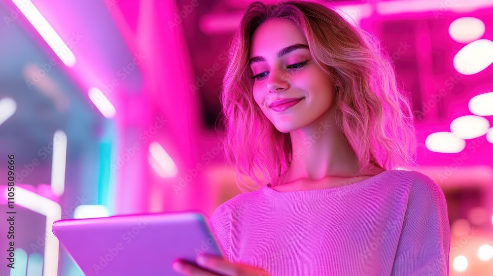 Content woman with tablet in dreamy neon environment Content woman with tablet in dreamy neon environment