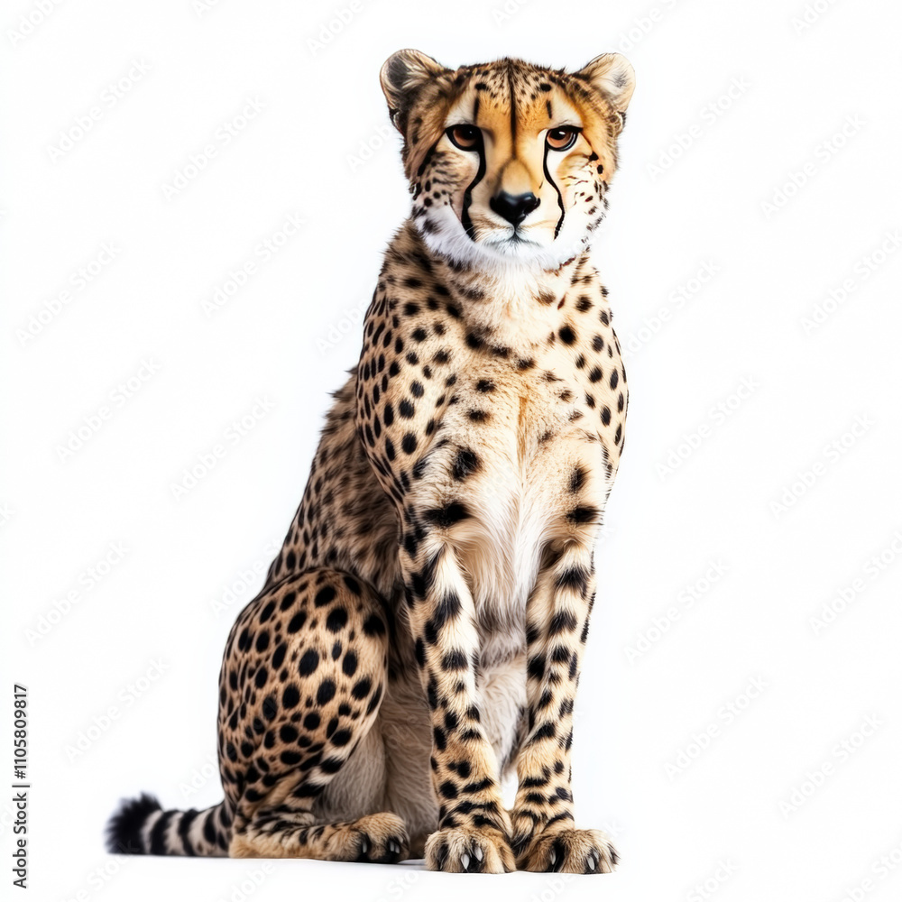 Cheetah looking straight ahead, sitting, looking powerful, white background Cheetah looking straight ahead, sitting, looking powerful, white background