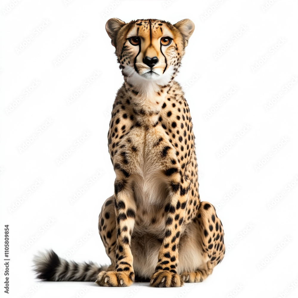Cheetah looking straight ahead, sitting, looking powerful, white background Cheetah looking straight ahead, sitting, looking powerful, white background