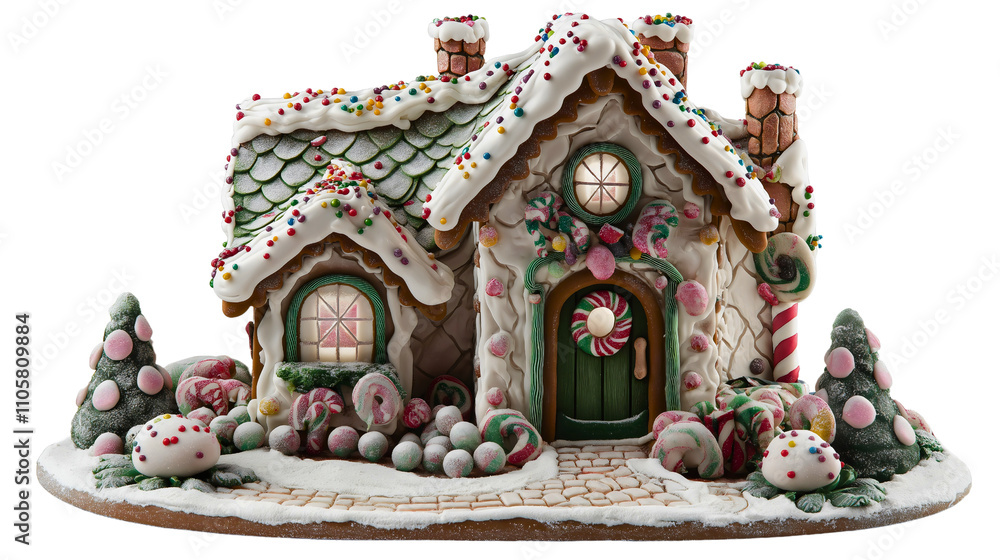 Obraz premium Gingerbread cookie house decoration for Christmas holiday, sweet icing food isolated on white background, traditional festive season treat for winter Xmas celebration and December joy