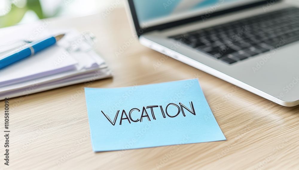 Blue sticky note with vacation text next to a laptop on desk Blue sticky note with vacation text next to a laptop on desk