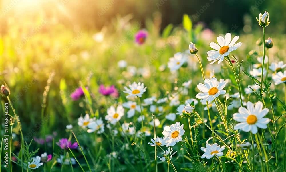 Sunlit wildflower meadow with daisies and mixed flowers Sunlit wildflower meadow with daisies and mixed flowers