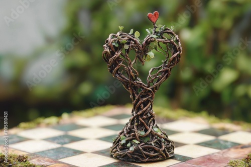 A creative heart sculpture made from vines, symbolizing love and nature, placed on a chessboard, evoking themes of strategy and emotion. photo