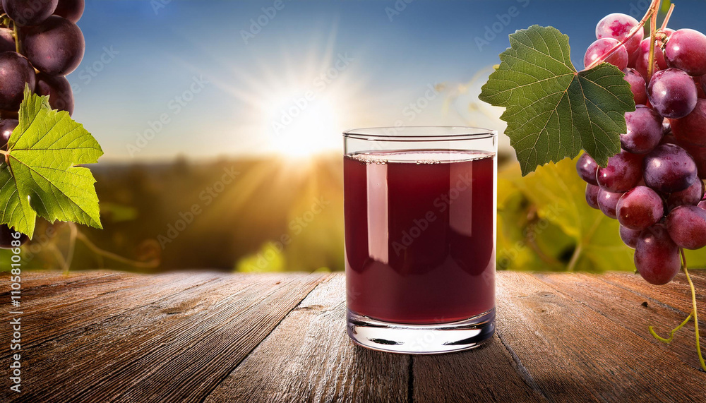 Tasty juice in glass, fresh grapes and leaf on wood Tasty juice in glass, fresh grapes and leaf on wood