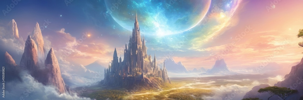 Naklejka premium a fantastical landscape with a large, majestic castle situated in the center. The castle is surrounded by towering, jagged mountains. Above, a massive planet or moon dominates the sky