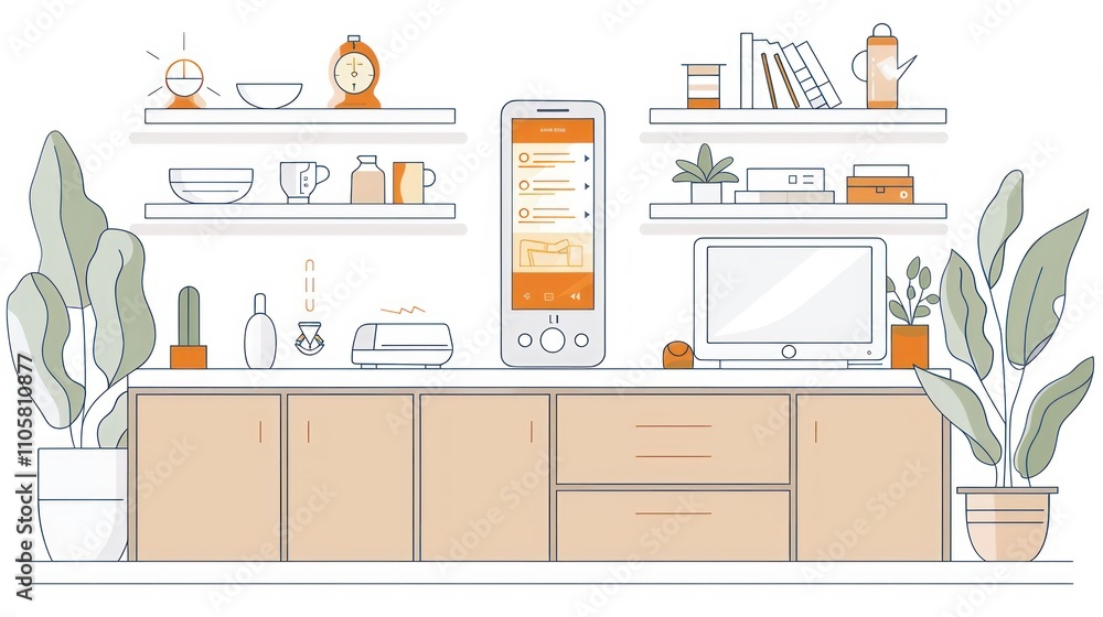Smart home device on kitchen counter with shelves, plants, and appliances. Smart home device on kitchen counter with shelves, plants, and appliances.