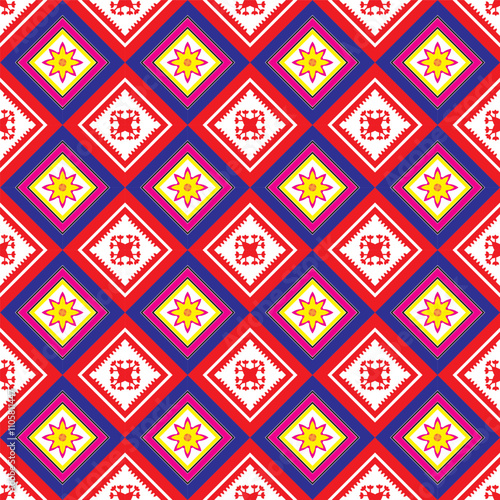 ntricate geometric pattern featuring bold colors such as red, green, black, and white. The design includes symmetrical diamond shapes and repeating motifs, possibly influenced by traditional or cultu