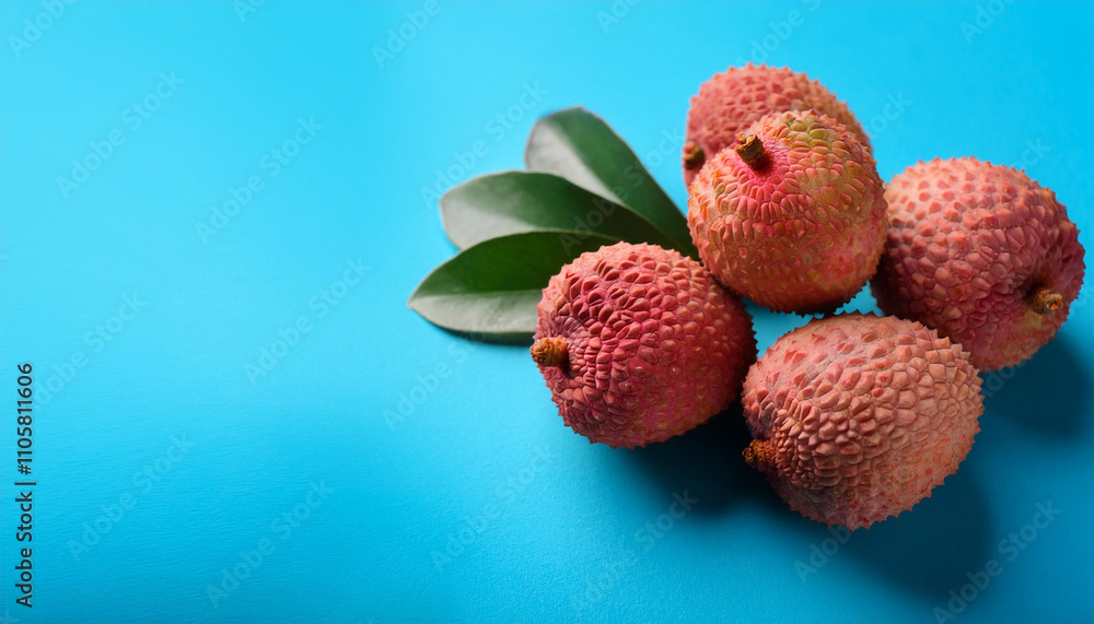Tasty litchi fruit on light blue background with space for text Tasty litchi fruit on light blue background with space for text