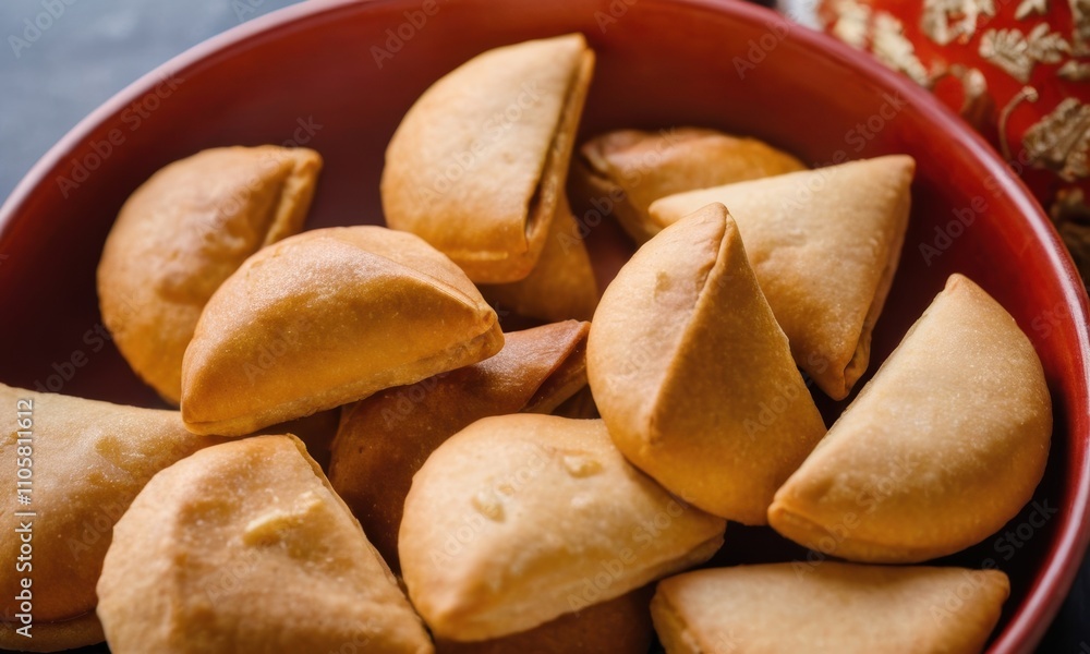 a bowl filled with small, golden-brown pastries. These pastries are triangular in shape, resembling samosas or empanadas. They appear to be baked, with a smooth and slightly shiny surface a bowl filled with small, golden-brown pastries. These pastries are triangular in shape, resembling samosas or empanadas. They appear to be baked, with a smooth and slightly shiny surface