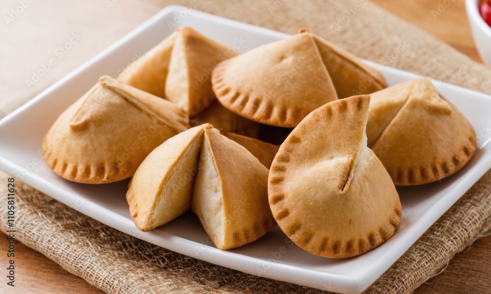 a white rectangular plate with several baked pastries on it. These pastries are shaped like small, triangular pyramids with a flat base. They have a golden-brown color, indicating they are baked a white rectangular plate with several baked pastries on it. These pastries are shaped like small, triangular pyramids with a flat base. They have a golden-brown color, indicating they are baked