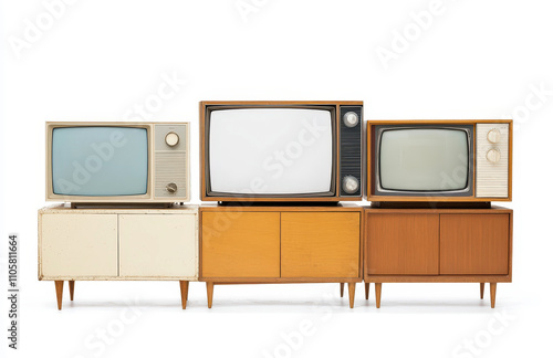 Collection of vintage television sets with blank screens on stand photo