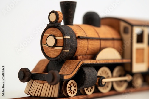 Wallpaper Mural Detailed Close-Up Shot of a Handcrafted Wooden Toy Train Engine Featuring Intricate Design and Artistry with a Polished Finish Torontodigital.ca