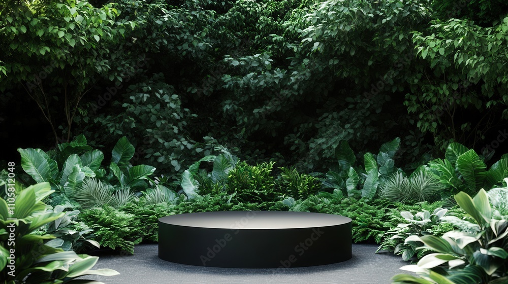 Black Platform Amidst Lush Green Tropical Foliage Black Platform Amidst Lush Green Tropical Foliage