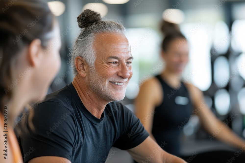 An older man with a joyful expression sits in a gym setting, highlighting the importance of fitness, wellness, and community engagement in his daily life and routine.