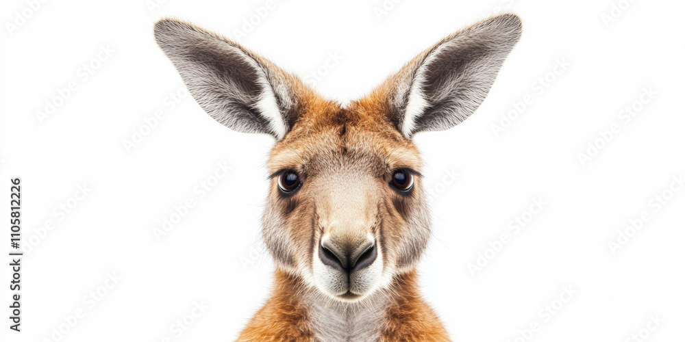 Fototapeta premium A real photo with the head of a red kangaroo front view big male white background 