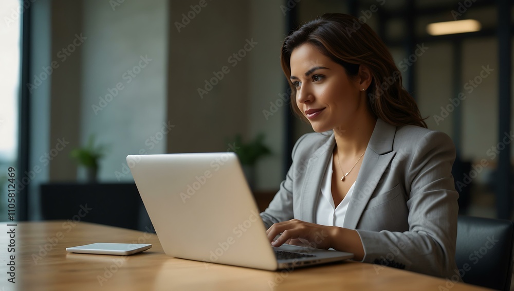 Confident Hispanic businesswoman working on her laptop in a modern office. Confident Hispanic businesswoman working on her laptop in a modern office.