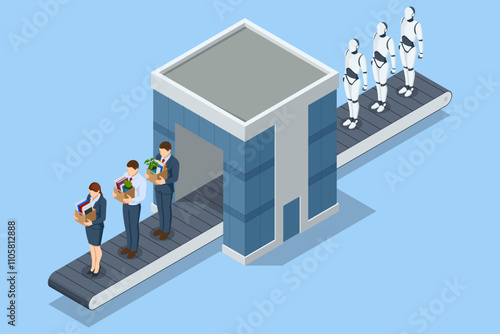Isometric AI and robotics have replaced humans in workplaces, causing job losses and rising unemployment, particularly among business professionals. IT team of future. Futuristic worker.