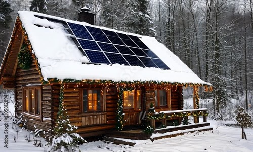 Cozy log cabin with solar panels, festive lights, and wreaths in snowy forest setting