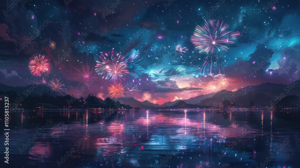 Vibrant fireworks display over a calm lake at night, reflecting in the water with colorful lights and stars. Vibrant fireworks display over a calm lake at night, reflecting in the water with colorful lights and stars.