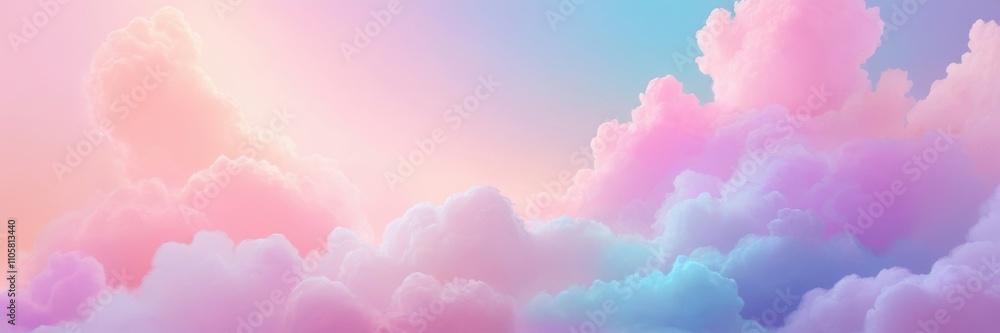 Fototapeta premium a dreamy sky filled with fluffy clouds in a variety of pastel colors. The clouds are primarily pink, purple, and blue, creating a soft and serene atmosphere