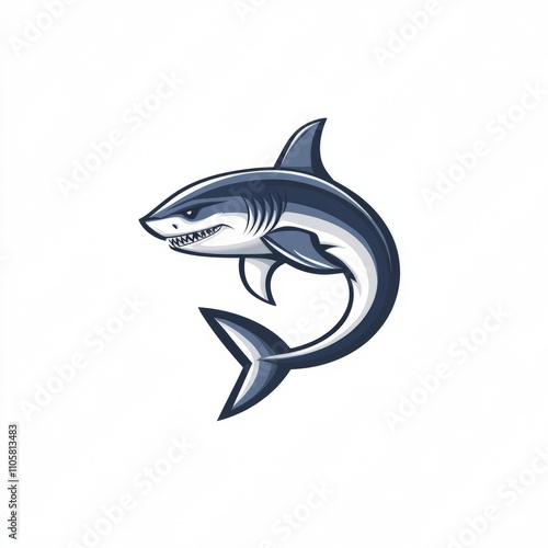 Vector style  logo of a full body great white shark mascot for the team, in a curved body position, ready to strike, white background