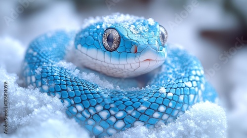 Blue Viper in Snow Close-Up. Generative AI photo