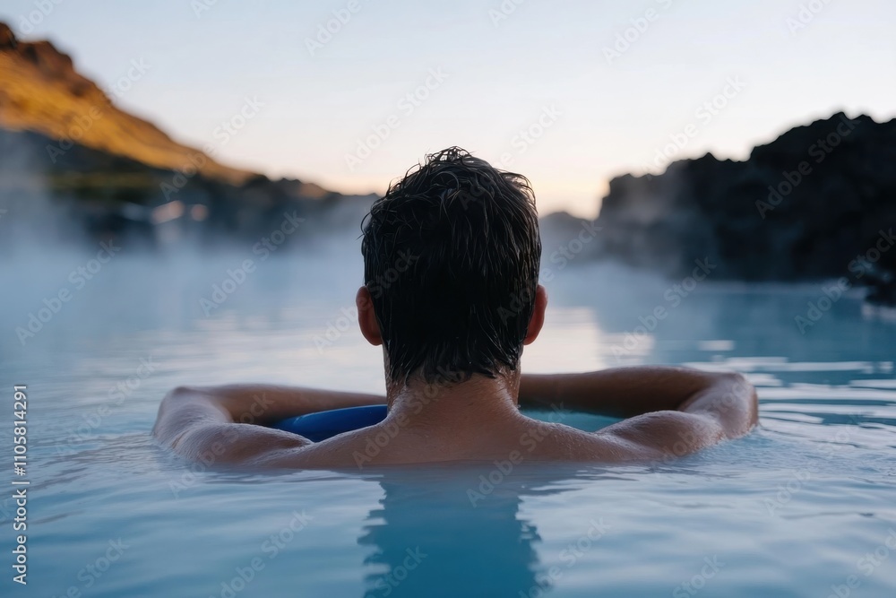 A serene image of a man enjoying the tranquil experience of soaking in hot springs, embodying relaxation and connection with nature in a beautiful landscape setting.