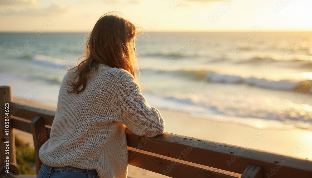 Contemplative young woman gazing at the ocean during sunset on a beach boardwalk Contemplative young woman gazing at the ocean during sunset on a beach boardwalk