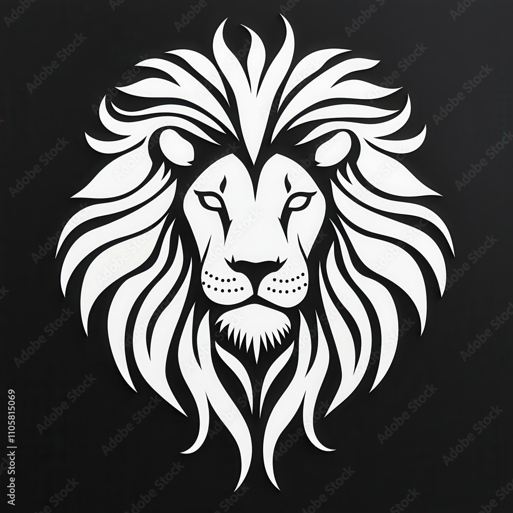 Fototapeta premium A stylized black and white illustration of a lion's head with intricate mane designs, symbolizing strength and majesty.