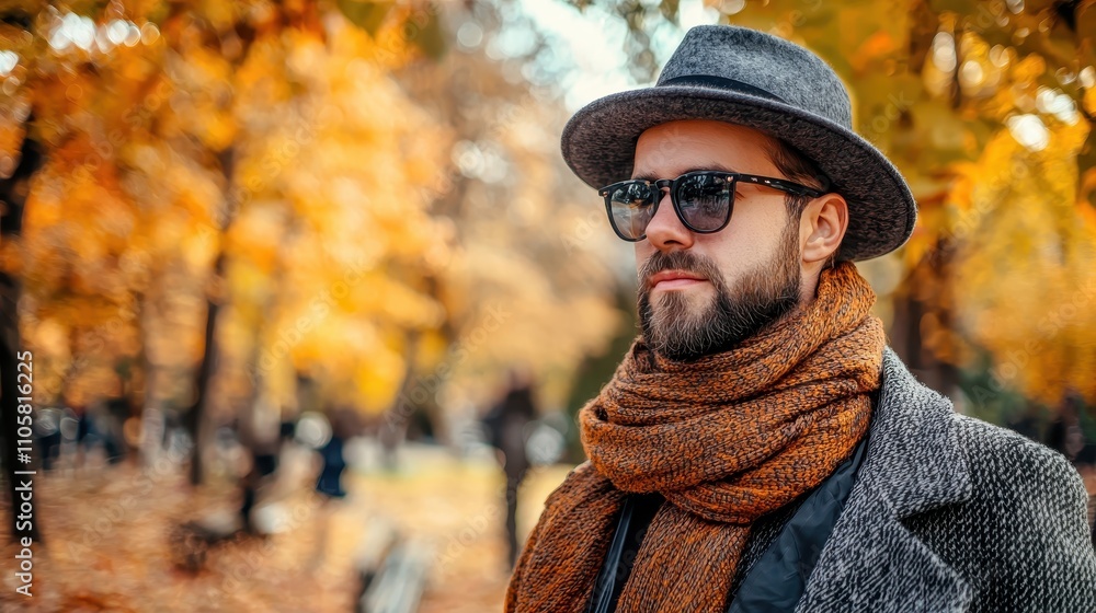 A stylish man in a hat and sunglasses stands amidst autumn foliage, exuding confidence and fashion in a serene outdoor setting. A stylish man in a hat and sunglasses stands amidst autumn foliage, exuding confidence and fashion in a serene outdoor setting.