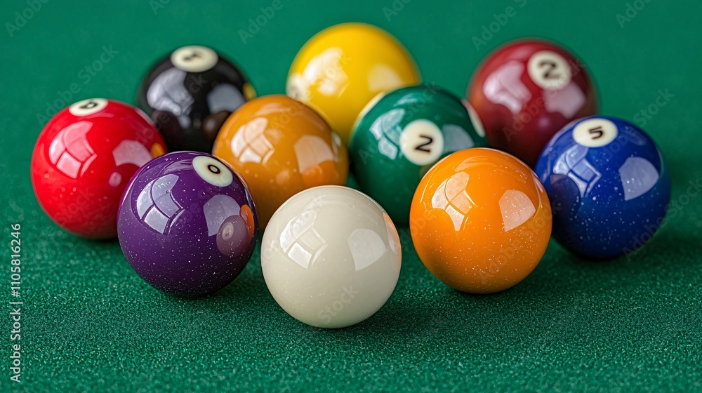 Vibrant Billiard Balls on Green Felt Table with Cue Ball in Focus, Pool Hall Ambiance Background Blur Vibrant Billiard Balls on Green Felt Table with Cue Ball in Focus, Pool Hall Ambiance Background Blur