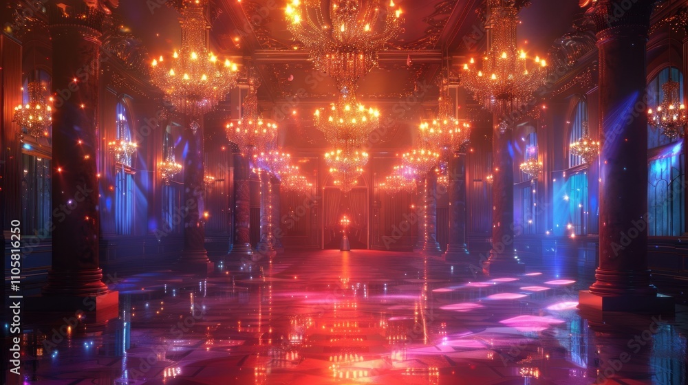 Fototapeta premium Grand ballroom with glowing chandeliers and reflective floor.