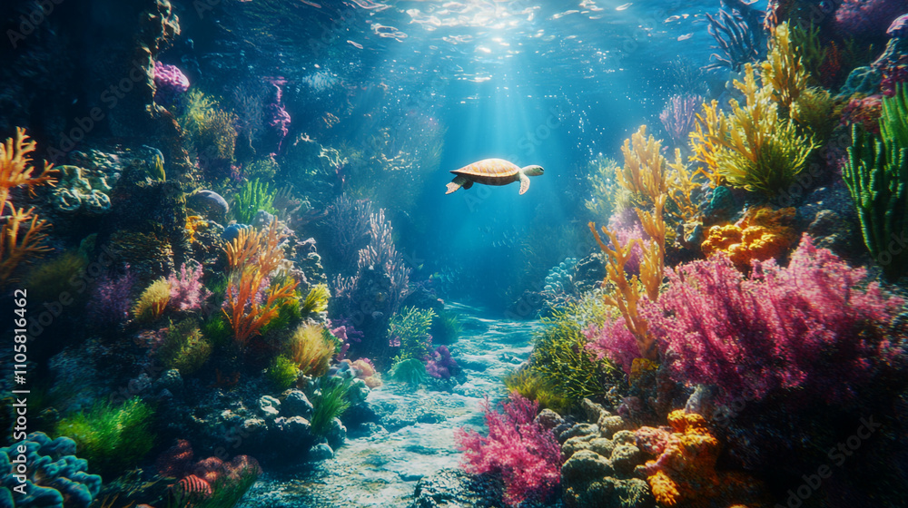 Fototapeta premium Underwater Sea Turtle in Vibrant Coral Reef