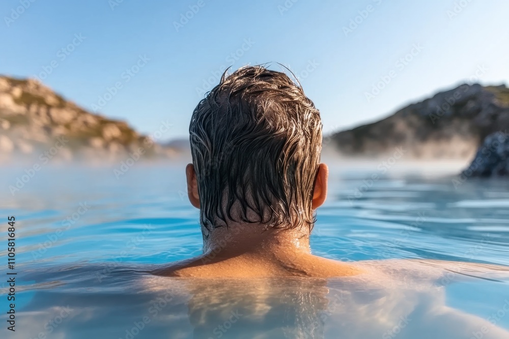 A man facing the calm waters of a natural hot spring, infused with tranquility, surrounded by stunning mountain landscapes and mist rising up around him in the serene atmosphere. A man facing the calm waters of a natural hot spring, infused with tranquility, surrounded by stunning mountain landscapes and mist rising up around him in the serene atmosphere.