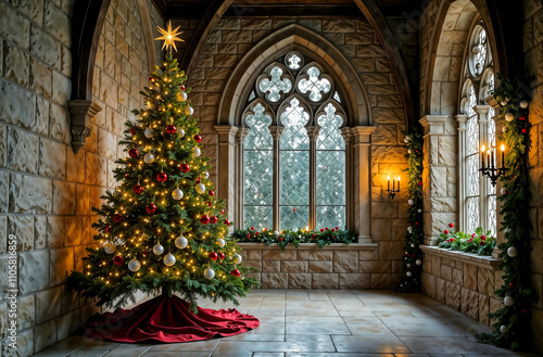 A grand Christmas tree decorated with red and white ornaments and warm lights, set in an elegant stone hall with arched windows. Ideal for holiday interior inspiration. Selective focus