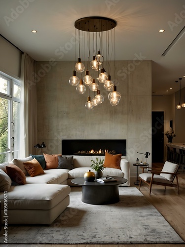 Contemporary living room with an inviting light fixture.